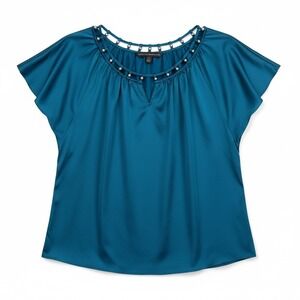 White House Black Market Teal Satin Silver Beaded Cage Neck Blouse M Medium